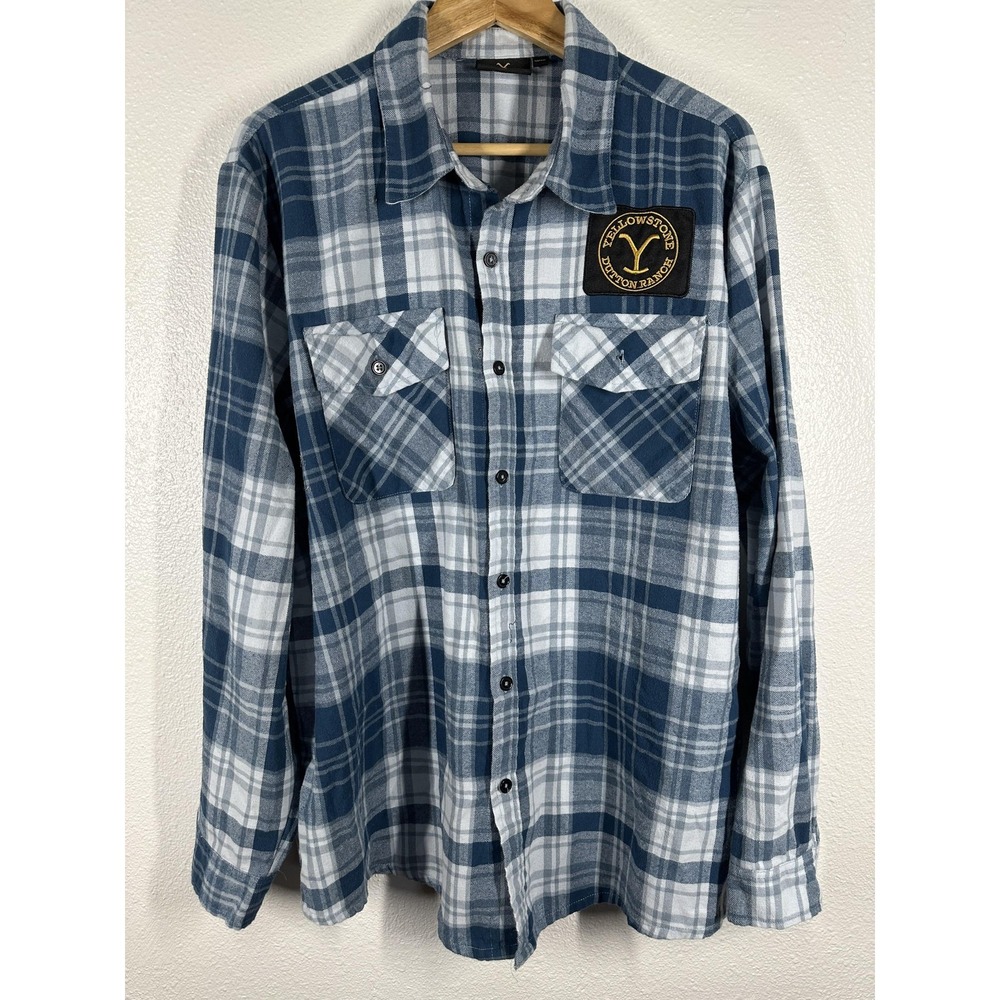 Yellowstone Shirt Mens XL Blue Plaid Flannel‎ Button Front Dutton Ranch Patch